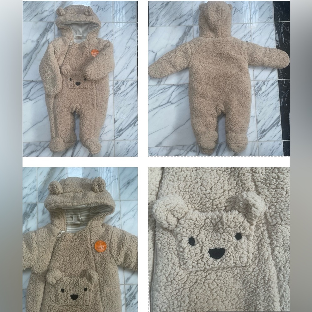 FIRST WISH TAN 3-6 MONTH BEAR FACE POCKETS AND HOODED EARS SNOWSUIT